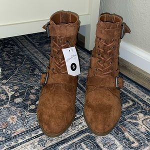 Universal Thread Brown Faux Suede Boots with Buckles and Side Cut Outs